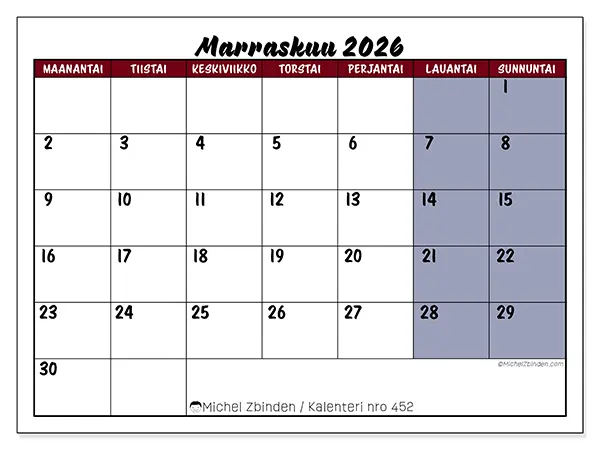 tulostettava kalenteri Marraskuu 2026 - Tehtävät väreissä