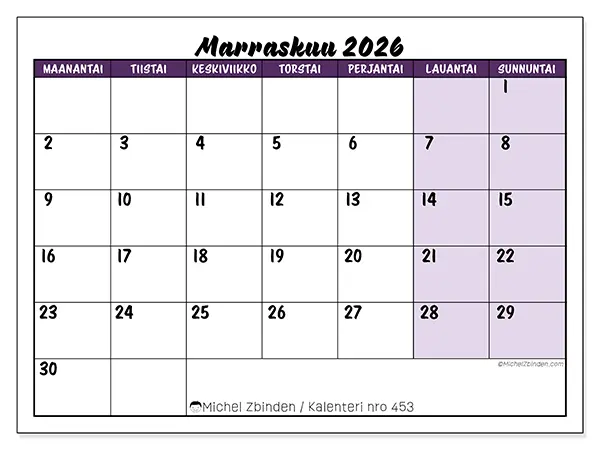 tulostettava kalenteri Marraskuu 2026 - Värikkäät tehtävät