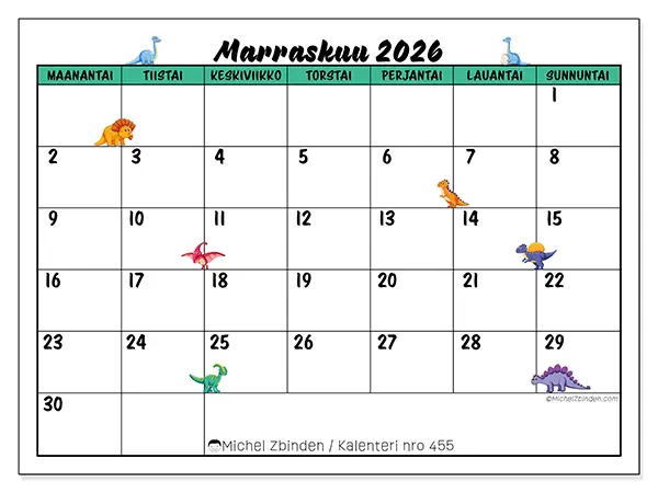 tulostettava kalenteri Marraskuu 2026 - Pienet dinosaurukset