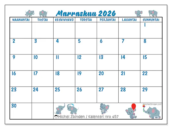 tulostettava kalenteri Marraskuu 2026 - Pienet norsut