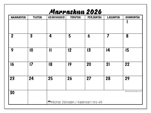 tulostettava kalenteri Marraskuu 2026 - Koulumenestys