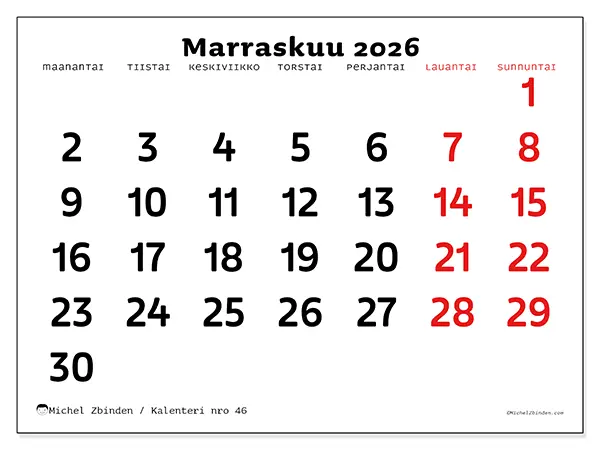 tulostettava kalenteri Marraskuu 2026 - Selkeä näkymä