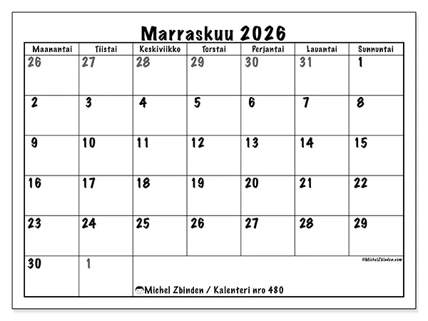 tulostettava kalenteri Marraskuu 2026 - Kattava suunnittelu
