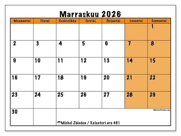 tulostettava kalenteri Marraskuu 2026 - Dynaaminen suunnittelu