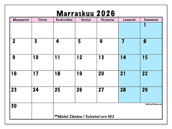 tulostettava kalenteri Marraskuu 2026 - Tiimin aikataulu