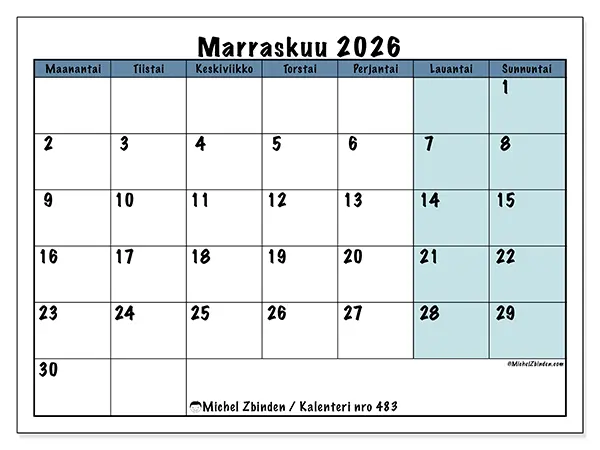 tulostettava kalenteri Marraskuu 2026 - Koulun rakenne