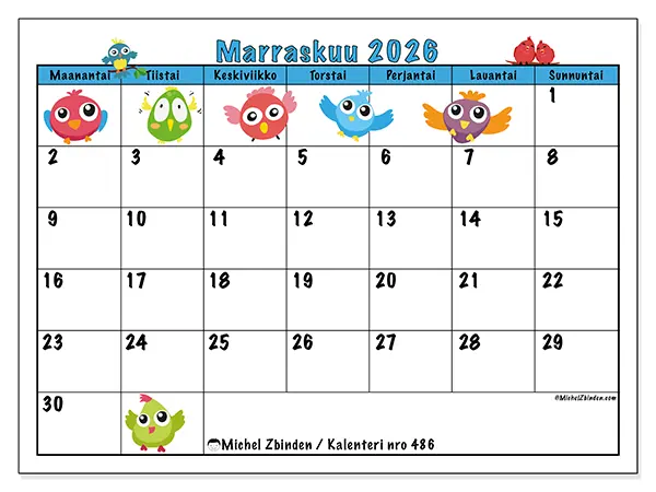 tulostettava kalenteri Marraskuu 2026 - Linnut