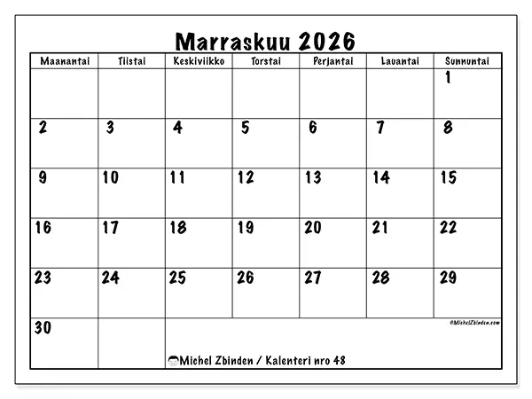 tulostettava kalenteri Marraskuu 2026 - Arjen suunnittelu