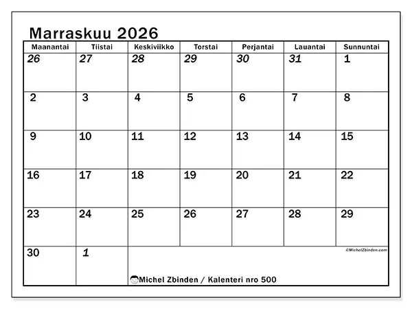 tulostettava kalenteri Marraskuu 2026 - Intensiivinen suunnittelu
