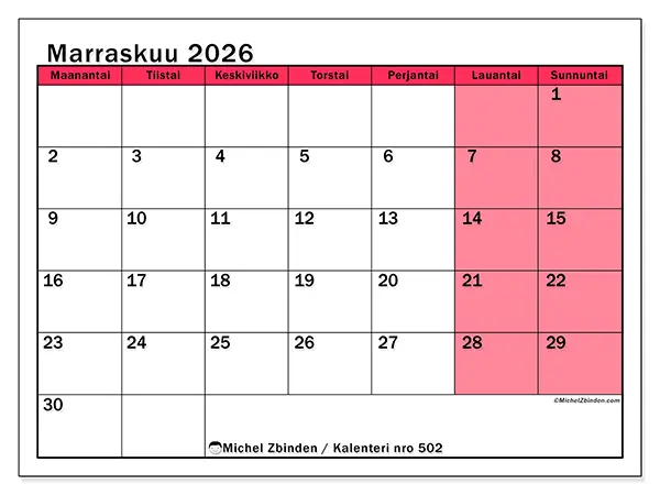 tulostettava kalenteri Marraskuu 2026 - Valoisa hallinta