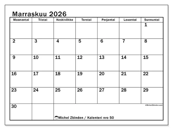tulostettava kalenteri Marraskuu 2026 - Selkeä kuukausisuunnittelu