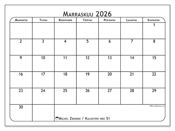 tulostettava kalenteri Marraskuu 2026 - Ateriasuunnittelija