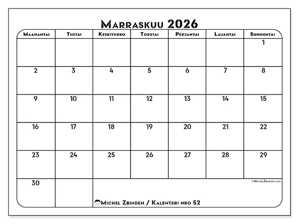 tulostettava kalenteri Marraskuu 2026 - Työn suunnittelu
