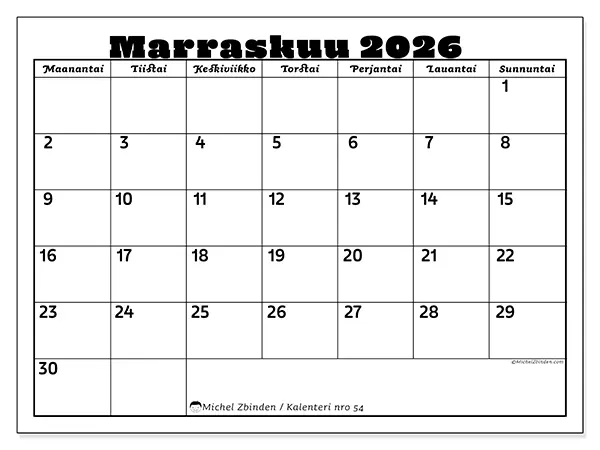 tulostettava kalenteri Marraskuu 2026 - Perheaktiviteetit