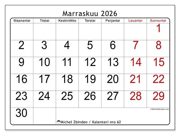 tulostettava kalenteri Marraskuu 2026 - Nopea yleiskuva