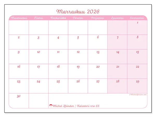 tulostettava kalenteri Marraskuu 2026 - Rauhallinen ilme