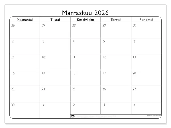 tulostettava kalenteri Marraskuu 2026 - Työpäivät