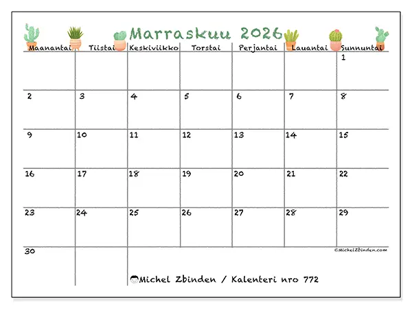 tulostettava kalenteri Marraskuu 2026 - Koristeelliset kaktukset