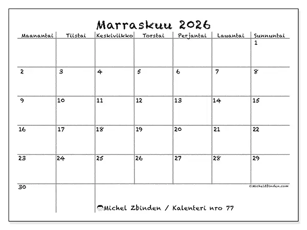 tulostettava kalenteri Marraskuu 2026 - Koulu ja perhe