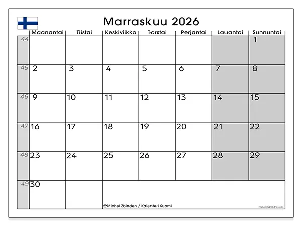 tulostettava kalenteri Marraskuu 2026 - Suomi