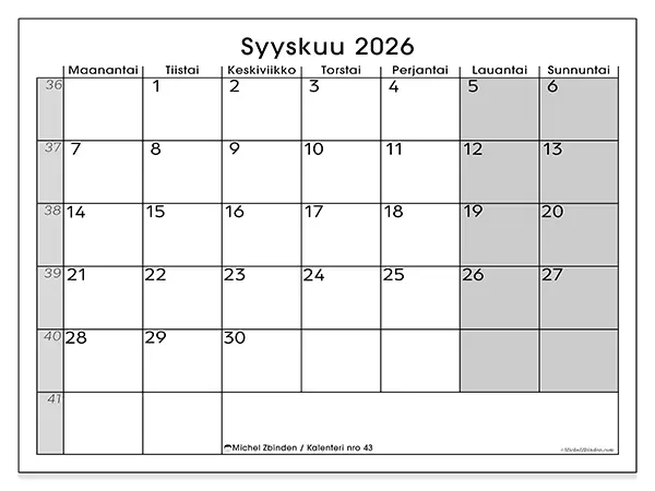 tulostettava kalenteri Syyskuu 2026 - Selkeä yleiskuva