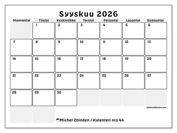 tulostettava kalenteri Syyskuu 2026 - Rakenteinen suunnittelu