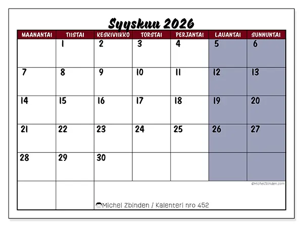 tulostettava kalenteri Syyskuu 2026 - Tehtävät väreissä