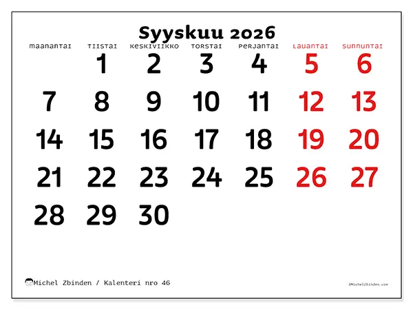 tulostettava kalenteri Syyskuu 2026 - Selkeä näkymä