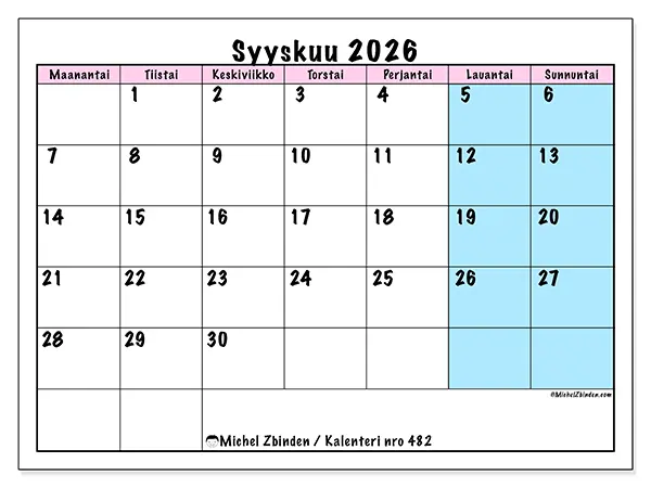 tulostettava kalenteri Syyskuu 2026 - Tiimin aikataulu