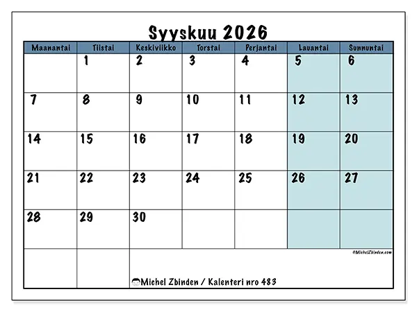 tulostettava kalenteri Syyskuu 2026 - Koulun rakenne