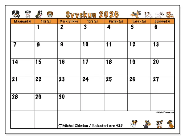 tulostettava kalenteri Syyskuu 2026 - Koirat