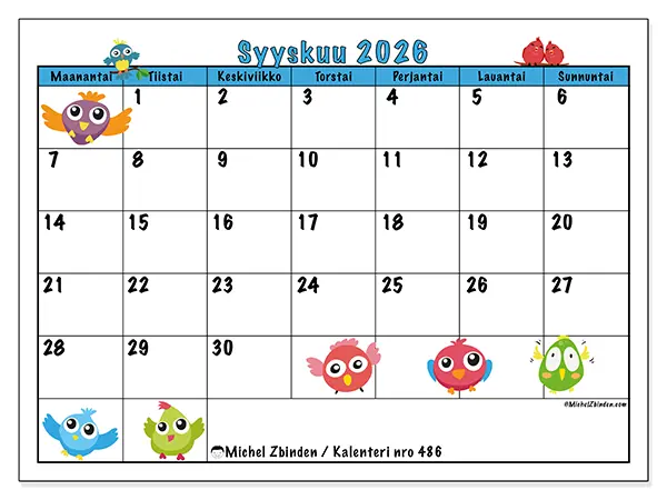 tulostettava kalenteri Syyskuu 2026 - Linnut