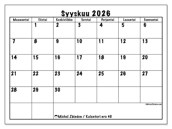 tulostettava kalenteri Syyskuu 2026 - Arjen suunnittelu