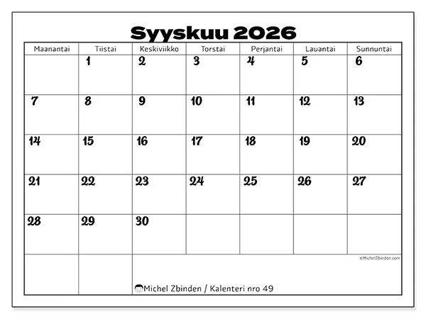 tulostettava kalenteri Syyskuu 2026 - Työn koordinointi