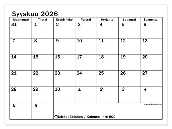 tulostettava kalenteri Syyskuu 2026 - Intensiivinen suunnittelu