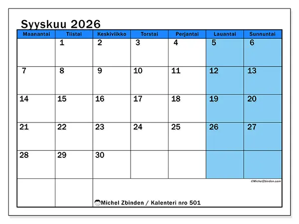 tulostettava kalenteri Syyskuu 2026 - Dynaaminen opiskelu