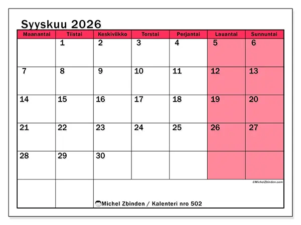 tulostettava kalenteri Syyskuu 2026 - Valoisa hallinta