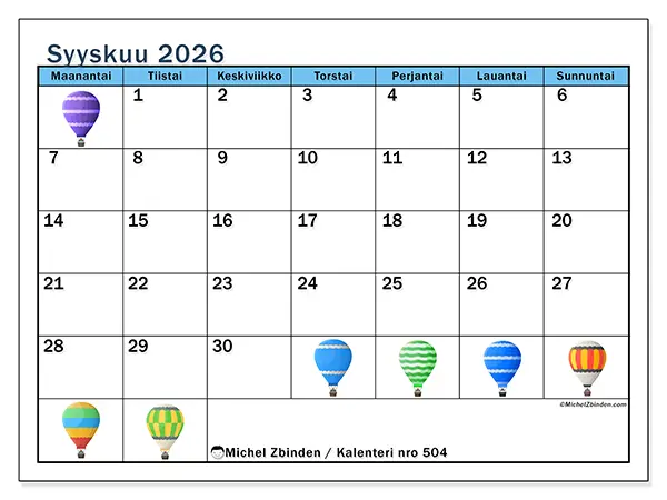 tulostettava kalenteri Syyskuu 2026 - Kuumailmapallot