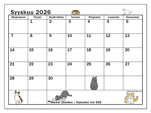 tulostettava kalenteri Syyskuu 2026 - Kissan elämä