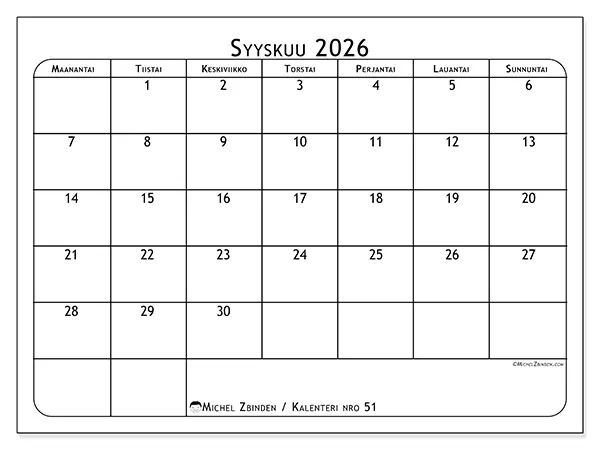 tulostettava kalenteri Syyskuu 2026 - Ateriasuunnittelija