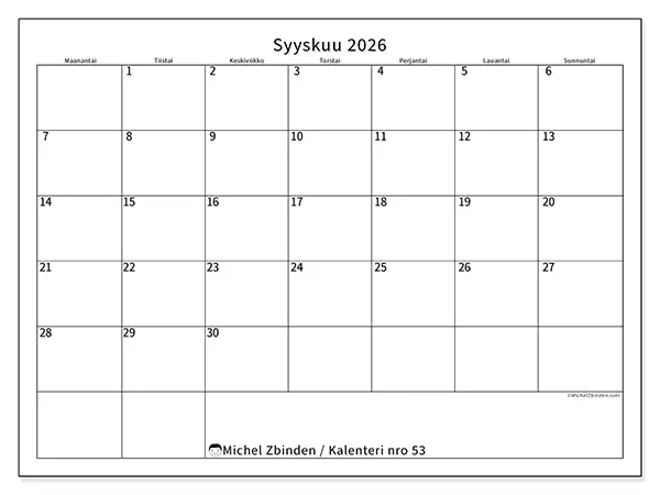 tulostettava kalenteri Syyskuu 2026 - Selkeä aikataulu