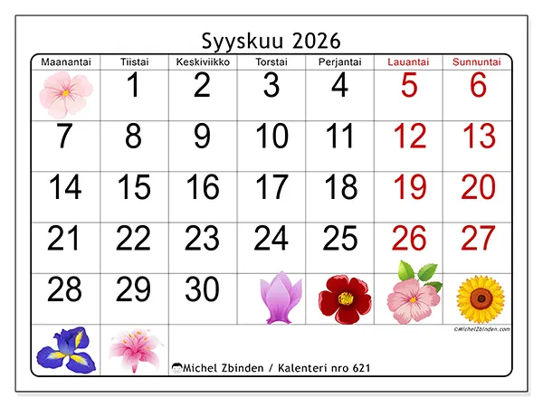 tulostettava kalenteri Syyskuu 2026 - Suuret kukat