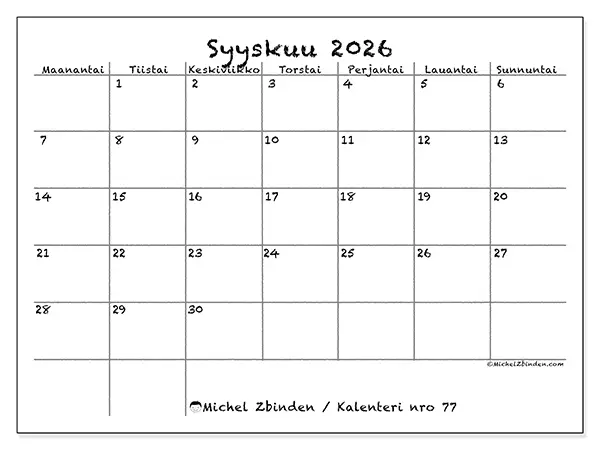 tulostettava kalenteri Syyskuu 2026 - Koulu ja perhe