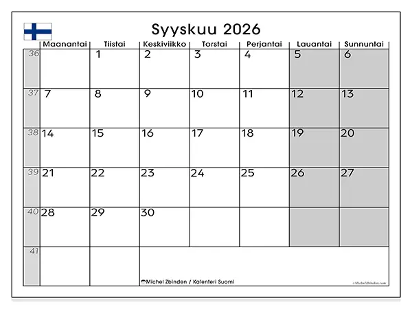 tulostettava kalenteri Syyskuu 2026 - Suomi
