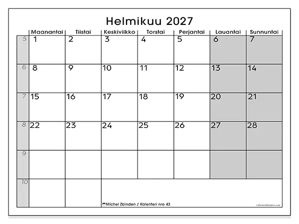 tulostettava kalenteri Helmikuu 2027 - Selkeä yleiskuva