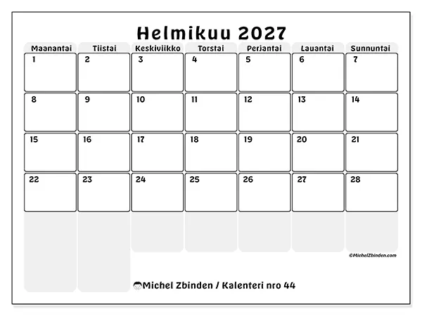 tulostettava kalenteri Helmikuu 2027 - Rakenteinen suunnittelu