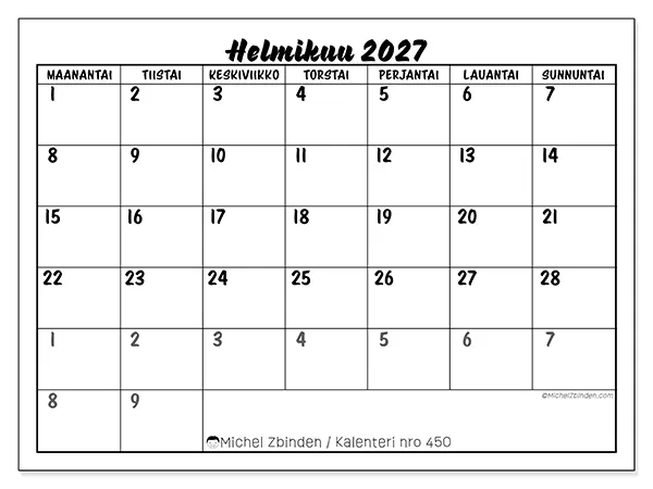 tulostettava kalenteri Helmikuu 2027 - Yksityiskohtainen malli