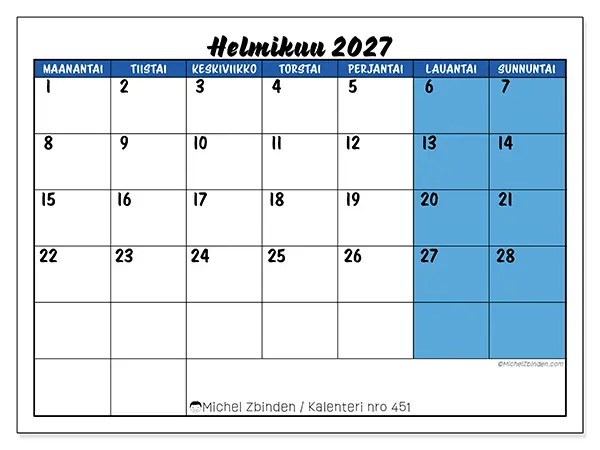 tulostettava kalenteri Helmikuu 2027 - Sininen yleiskuva