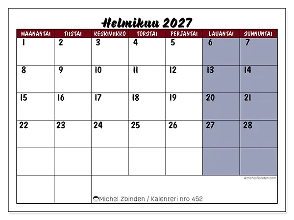 tulostettava kalenteri Helmikuu 2027 - Tehtävät väreissä