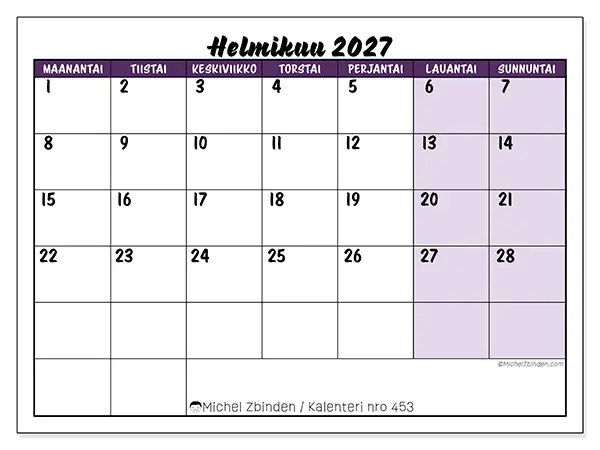 tulostettava kalenteri Helmikuu 2027 - Värikkäät tehtävät